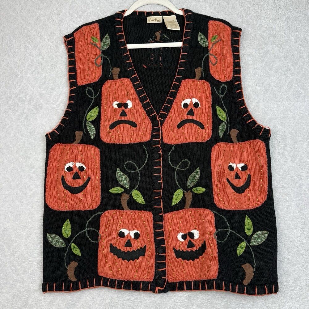 Vtg Bobbie Brooks Halloween Sweater Vest 2X Pumpkin Jack O'Lantern Fall Bead 90s